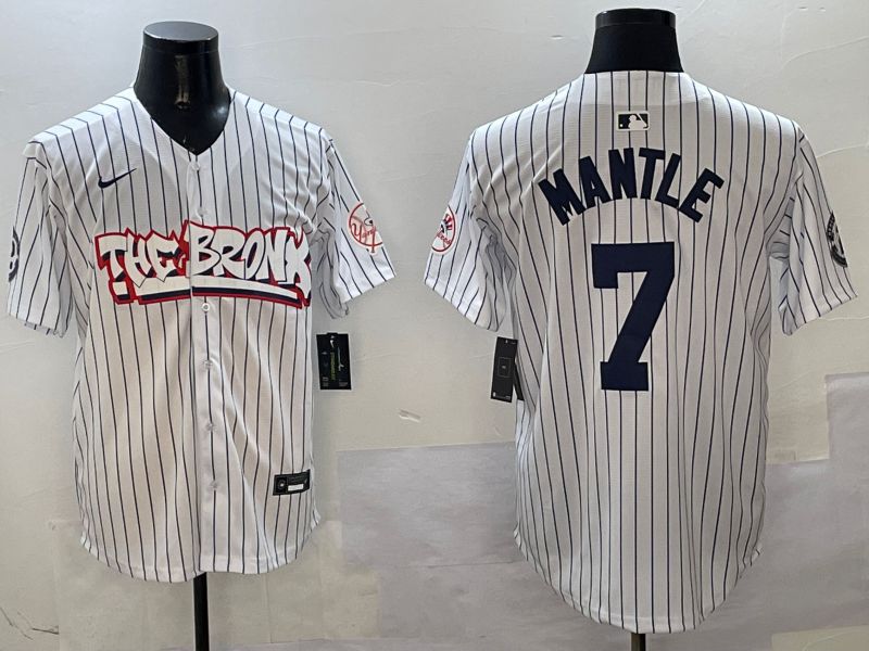 Men New York Yankees #7 Mantle White Stripe four generations Joint Name 2025 Nike MLB Jersey style 1->new york yankees->MLB Jersey